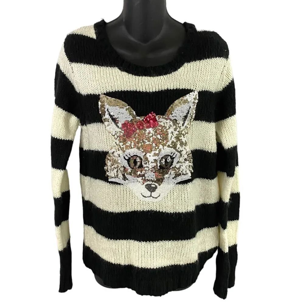 Justice Sequin Critter Fox Black White Striped Sweater Size 20